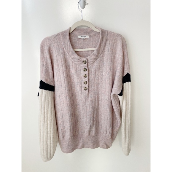 Madewell Striped Bowden Henley Alpaca Wool Sweater in Coziest Yarn Pink M - Picture 3 of 7